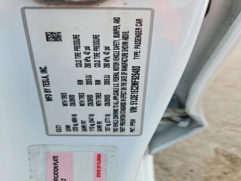 2021 Tesla Model 3 მანქანა იყიდება აუქციონზე, vin: 5YJ3E1EC2MF926480, აუქციონის ნომერი: 64307736