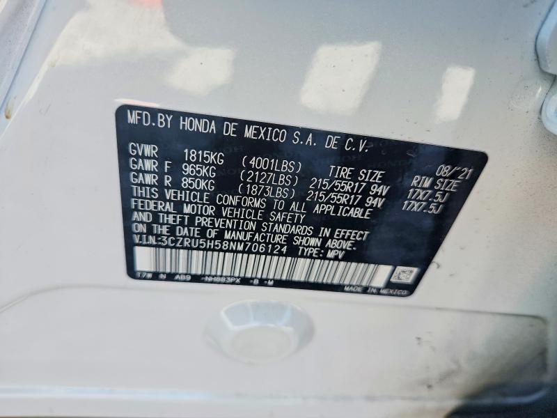61867536 :رقم المزاد ، 3CZRU5H58NM706124 vin ، 2022 Honda Hr-v مزاد بيع