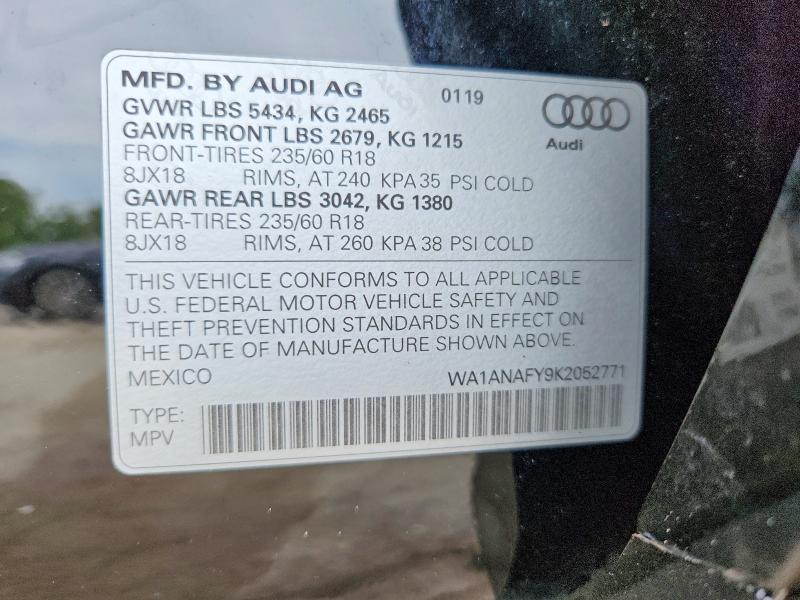 63762396 :رقم المزاد ، WA1ANAFY9K2052771 vin ، 2019 Audi Q5 مزاد بيع