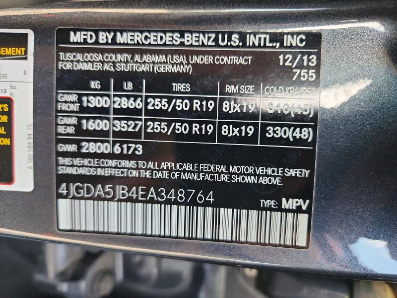 Aukcja sprzedaży 2014 Mercedes-benz Ml, vin: 4JGDA5JB4EA348764, numer aukcji: 64705186
