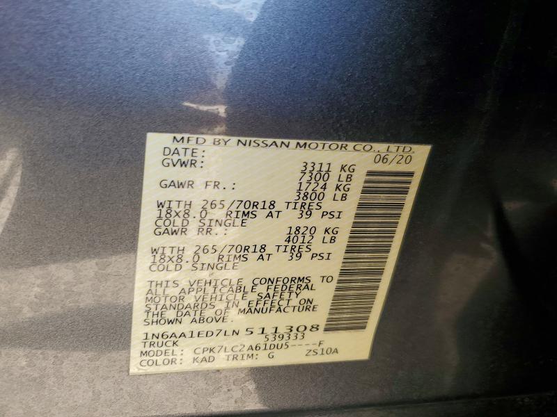 2020 Nissan Titan მანქანა იყიდება აუქციონზე, vin: 1N6AA1ED7LN511308, აუქციონის ნომერი: 63596206