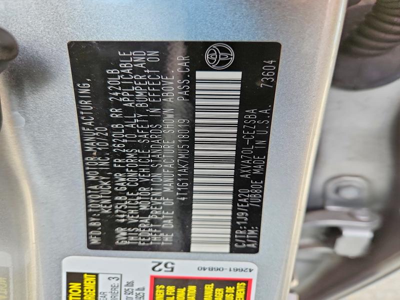 Aukcja sprzedaży 2021 Toyota Camry, vin: 4T1G11AK7MU518019, numer aukcji: 64487026