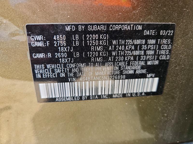 Aukcja sprzedaży 2022 Subaru Outback, vin: 4S4BTANC5N3226898, numer aukcji: 66273606