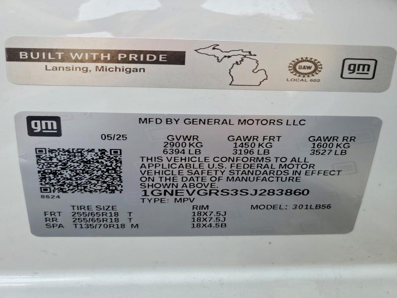 Aukcja sprzedaży 2025 Chevrolet Traverse, vin: 1GNEVGRS3SJ283860, numer aukcji: 63263826