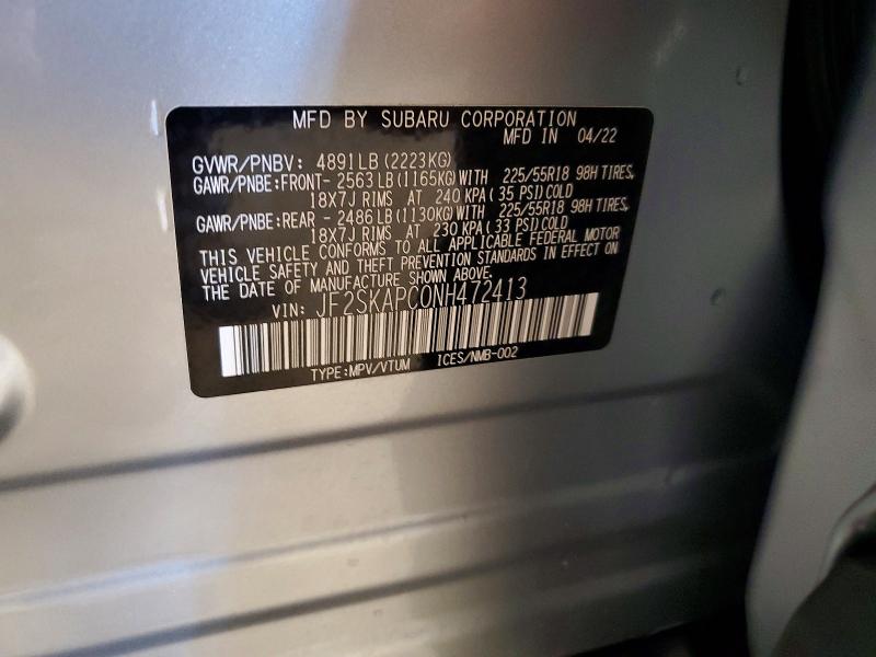 63524746 :رقم المزاد ، JF2SKAPC0NH472413 vin ، 2022 Subaru Forester مزاد بيع