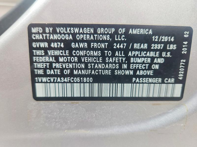 Aukcja sprzedaży 2015 Volkswagen Passat, vin: 1VWCV7A34FC051800, numer aukcji: 76704665
