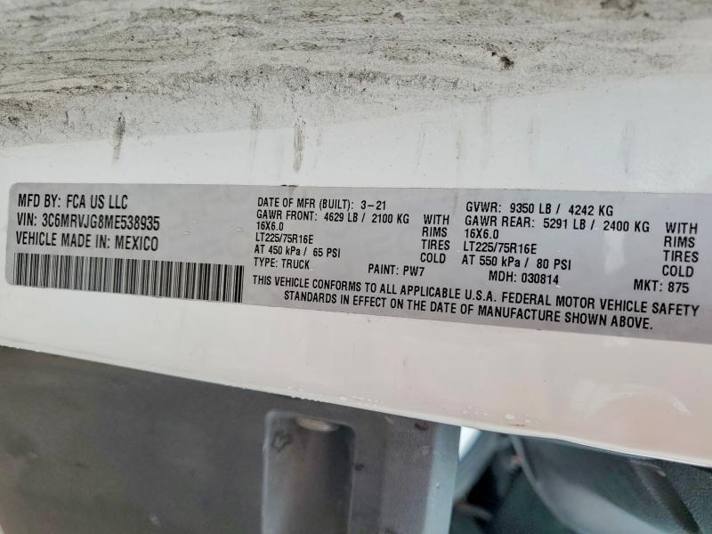 Продажа на аукционе авто 2021 Ram Promaster 3500, vin: 3C6MRVJG8ME538935, номер лота: 62631216