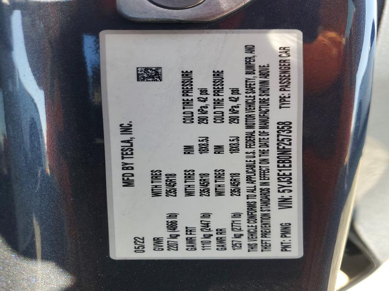 Продаж на аукціоні авто 2022 Tesla Model 3, vin: 5YJ3E1EB0NF257358, номер лоту: 63590566