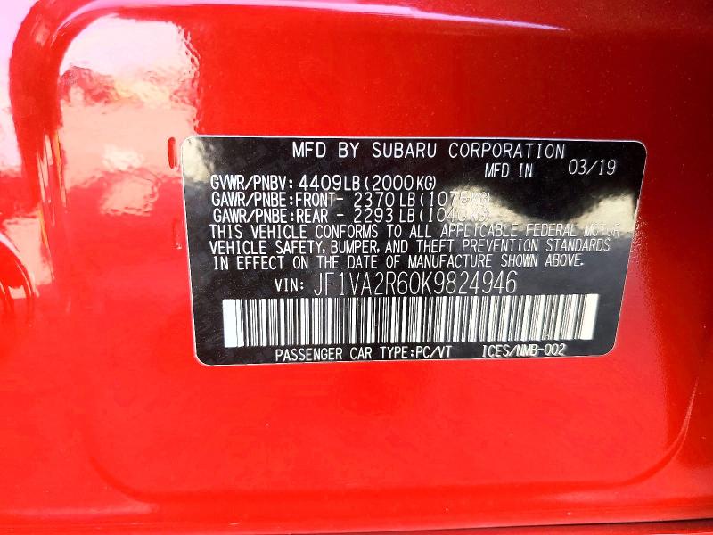 Aukcja sprzedaży 2019 Subaru Wrx, vin: JF1VA2R60K9824946, numer aukcji: 66239066