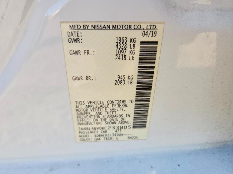 66482246 :رقم المزاد ، 1N4BL4BV0KC233805 vin ، 2019 Nissan Altima مزاد بيع