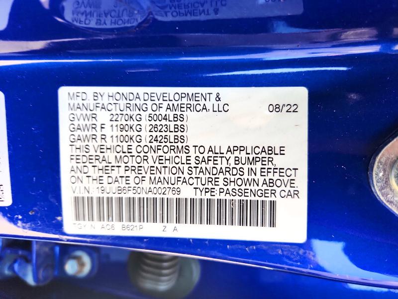 63439256 :رقم المزاد ، 19UUB6F50NA002769 vin ، 2022 Acura Tlx مزاد بيع