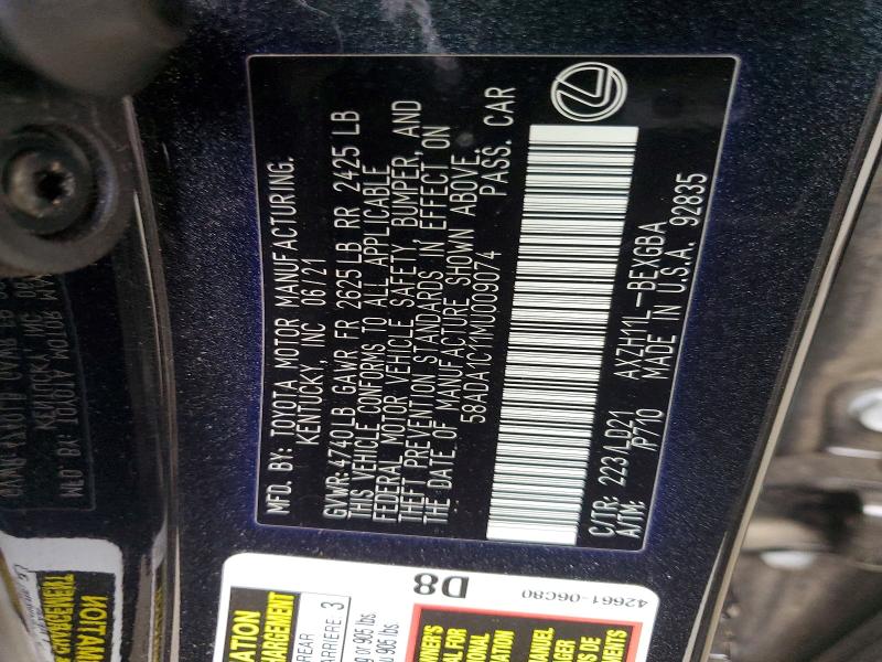 65682076 :رقم المزاد ، 58ADA1C11MU009074 vin ، 2021 Lexus Es مزاد بيع