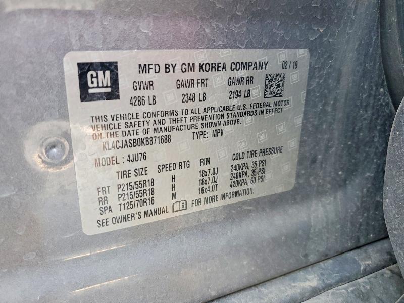 2019 Buick Encore მანქანა იყიდება აუქციონზე, vin: KL4CJASB0KB871688, აუქციონის ნომერი: 63491176