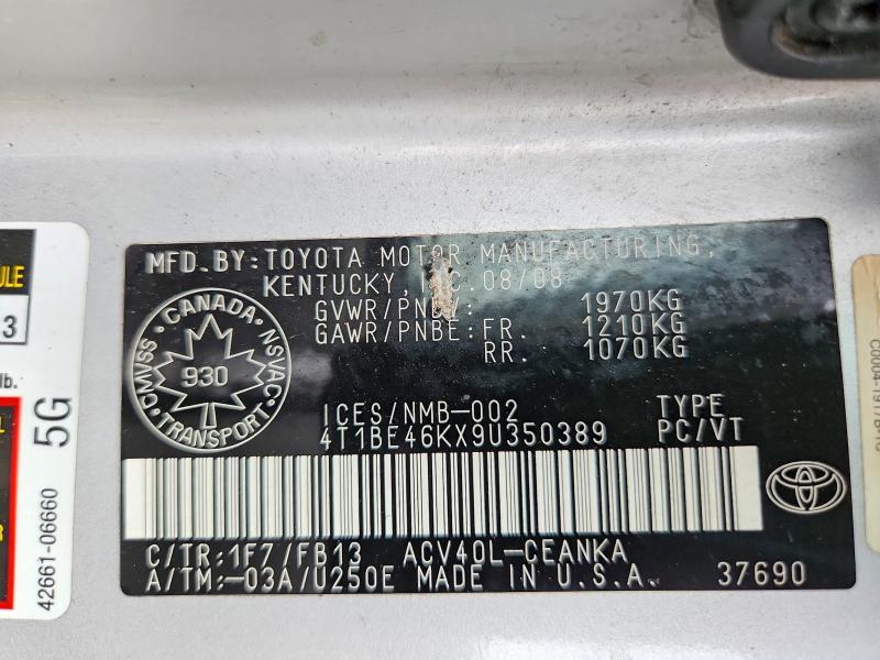 Aukcja sprzedaży 2009 Toyota Camry, vin: 4T1BE46KX9U350389, numer aukcji: 61188696