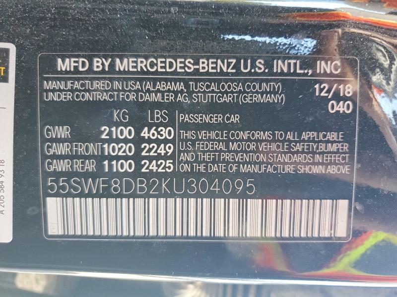 2019 Mercedes-benz C მანქანა იყიდება აუქციონზე, vin: 55SWF8DB2KU304095, აუქციონის ნომერი: 65217196