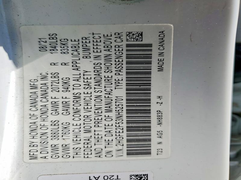 66277596 :رقم المزاد ، 2HGFE2F53NH525701 vin ، 2022 Honda Civic مزاد بيع