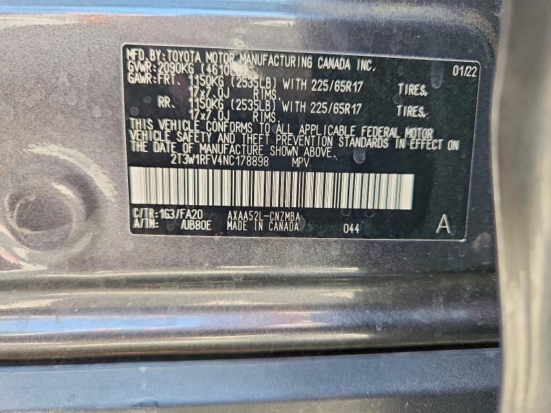 Продажа на аукционе авто 2022 Toyota Rav4, vin: 2T3W1RFV4NC178898, номер лота: 65926296