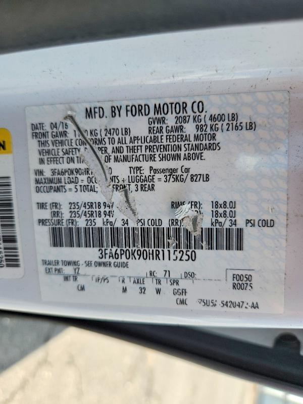 65264906 :رقم المزاد ، 3FA6P0K90HR115250 vin ، 2017 Ford Fusion مزاد بيع