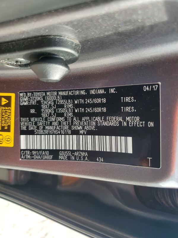 63860026 :رقم المزاد ، 5TDBZRFH7HS416118 vin ، 2017 Toyota Highlander مزاد بيع