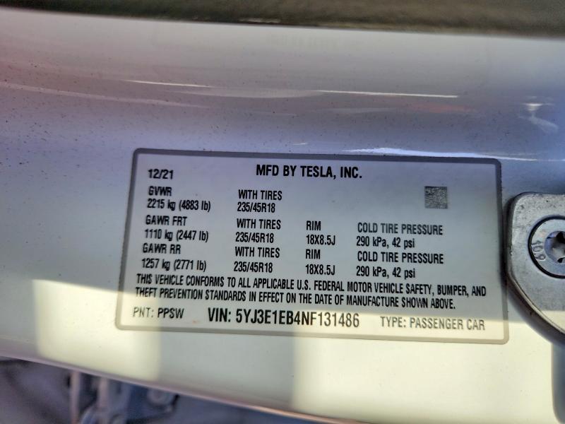 Продаж на аукціоні авто 2022 Tesla Model 3, vin: 5YJ3E1EB4NF131486, номер лоту: 63188466