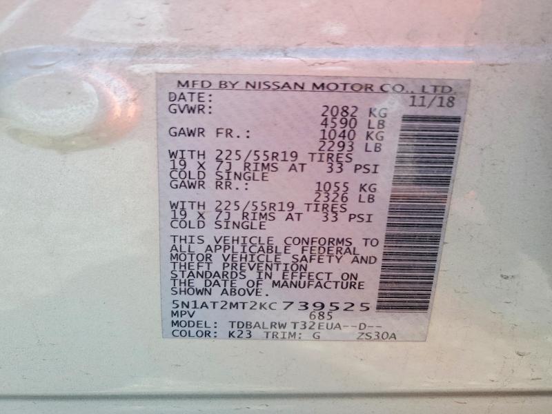 66311716 :رقم المزاد ، 5N1AT2MT2KC739525 vin ، 2019 Nissan Rogue مزاد بيع
