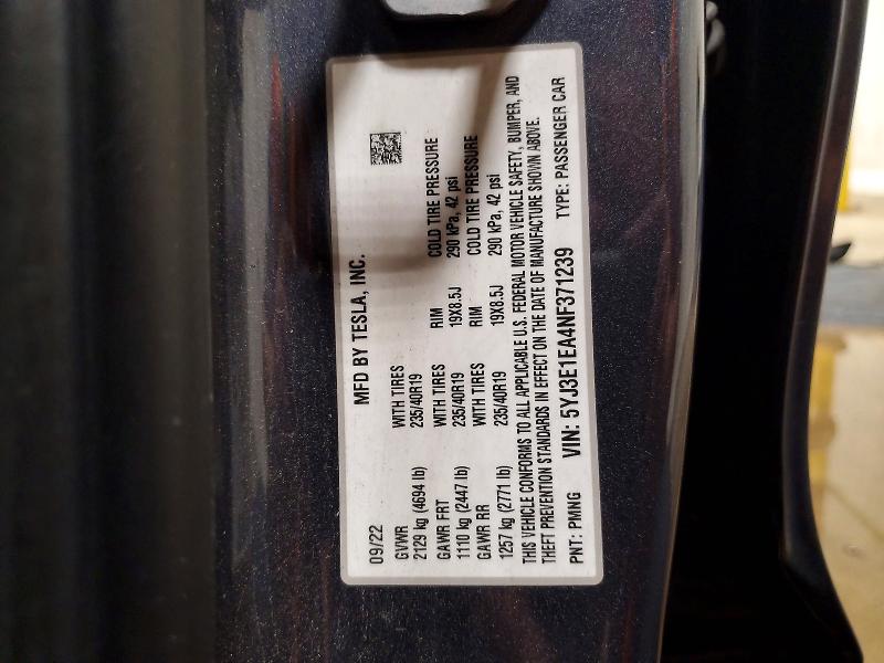 Aukcja sprzedaży 2022 Tesla Model 3, vin: 5YJ3E1EA4NF371239, numer aukcji: 64995176