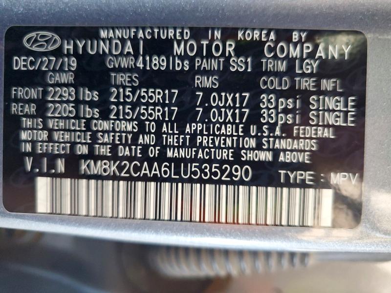 65734556 :رقم المزاد ، KM8K2CAA6LU535290 vin ، 2020 Hyundai Kona مزاد بيع