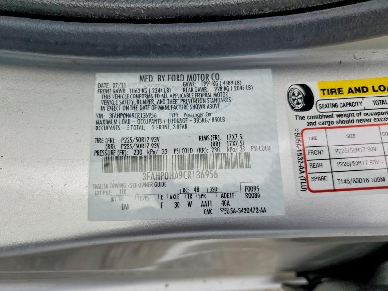 64984006 :رقم المزاد ، 3FAHP0HA9CR136956 vin ، 2012 Ford Fusion مزاد بيع