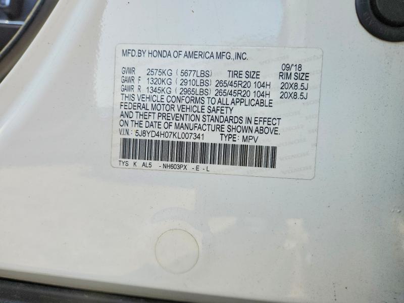64123456 :رقم المزاد ، 5J8YD4H07KL007341 vin ، 2019 Acura Mdx مزاد بيع