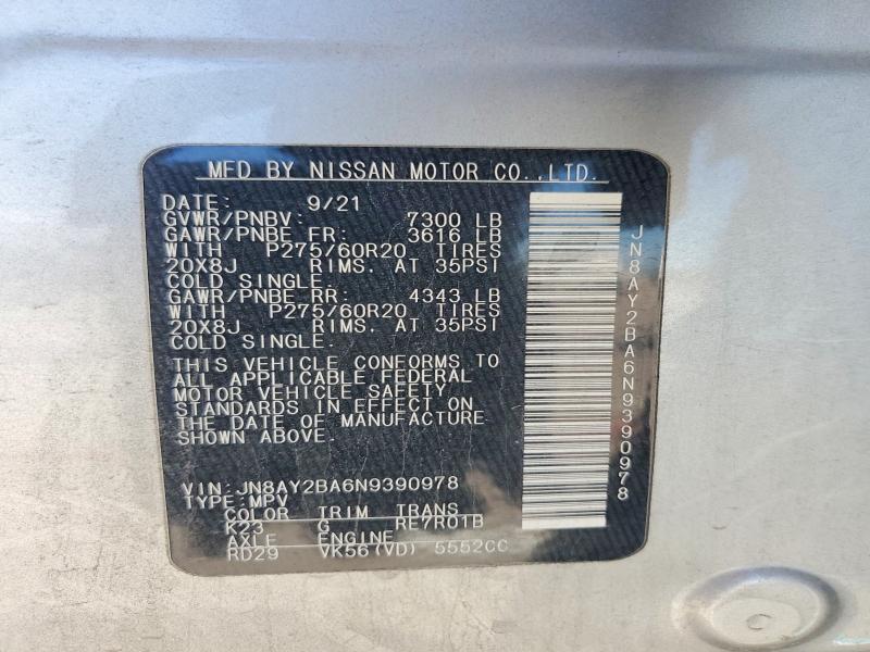 Aukcja sprzedaży 2022 Nissan Armada, vin: JN8AY2BA6N9390978, numer aukcji: 66262256