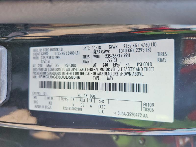 2018 Ford Escape მანქანა იყიდება აუქციონზე, vin: 1FMCU9GD8JUD58046, აუქციონის ნომერი: 63805086