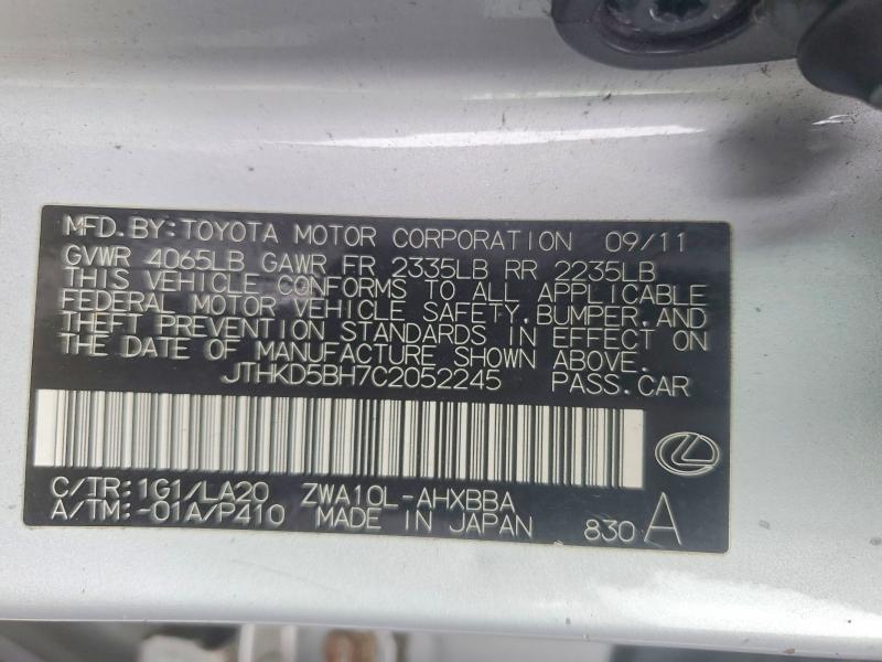 Aukcja sprzedaży 2012 Lexus Ct, vin: JTHKD5BH7C2052245, numer aukcji: 65449356