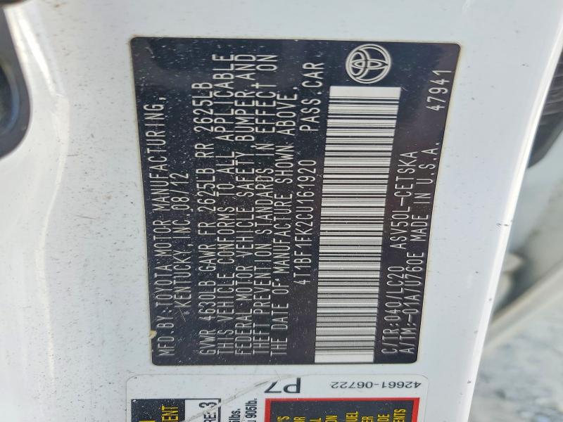 Aukcja sprzedaży 2012 Toyota Camry, vin: 4T1BF1FK2CU161920, numer aukcji: 65002996