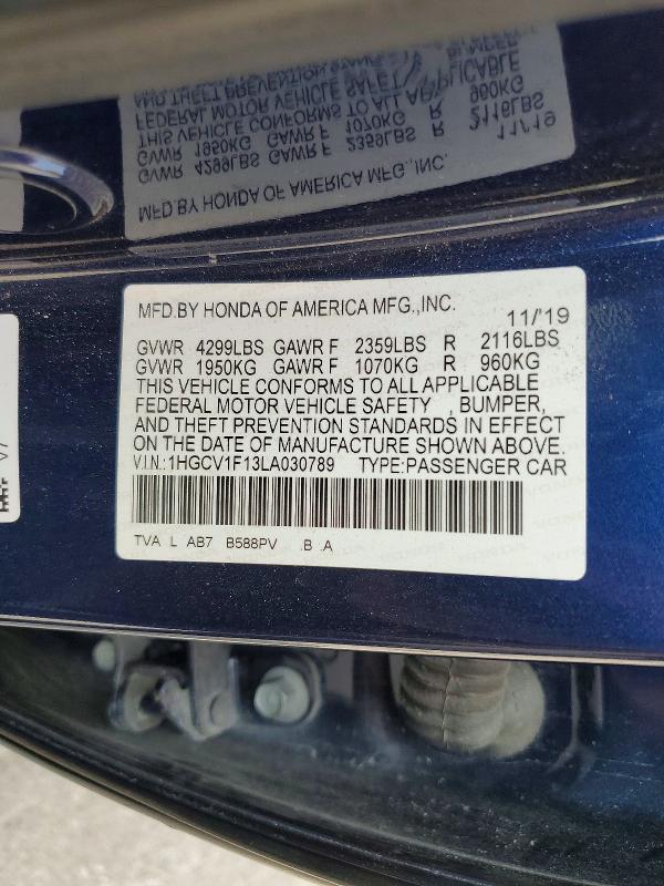 64978146 :رقم المزاد ، 1HGCV1F13LA030789 vin ، 2020 Honda Accord مزاد بيع