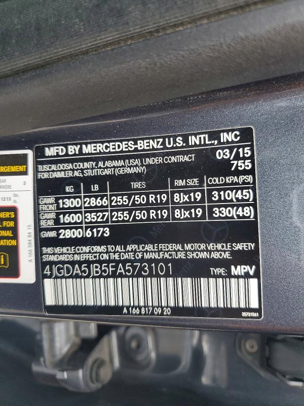 65185186 :رقم المزاد ، 4JGDA5JB5FA573101 vin ، 2015 Mercedes-benz Ml مزاد بيع