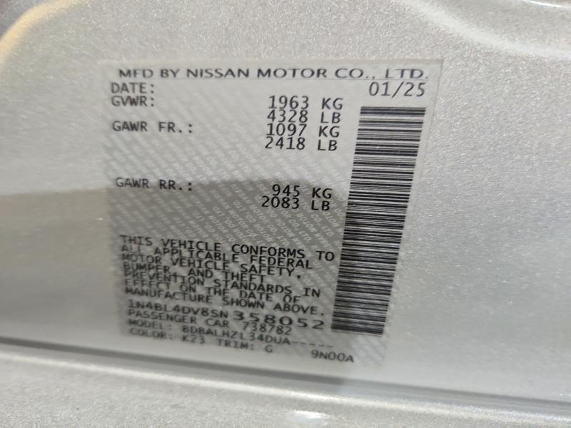 2025 Nissan Altima მანქანა იყიდება აუქციონზე, vin: 1N4BL4DV8SN358052, აუქციონის ნომერი: 65926556