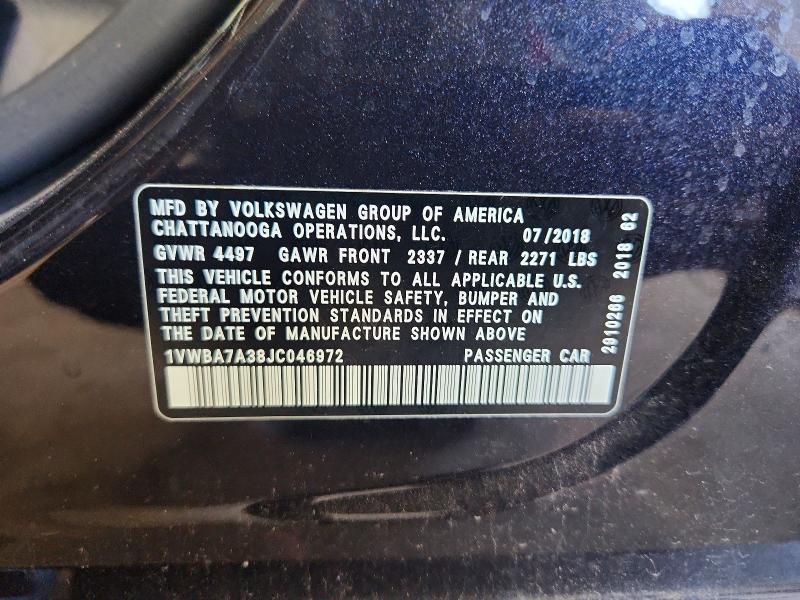 Продажа на аукционе авто 2018 Volkswagen Passat, vin: 1VWBA7A38JC046972, номер лота: 63350466