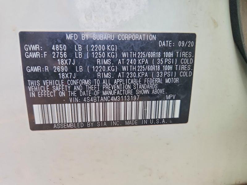 2021 Subaru Outback მანქანა იყიდება აუქციონზე, vin: 4S4BTANC4M3113197, აუქციონის ნომერი: 66017066