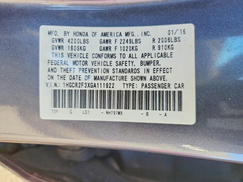 2016 Honda Accord მანქანა იყიდება აუქციონზე, vin: 1HGCR2F3XGA111922, აუქციონის ნომერი: 64777736