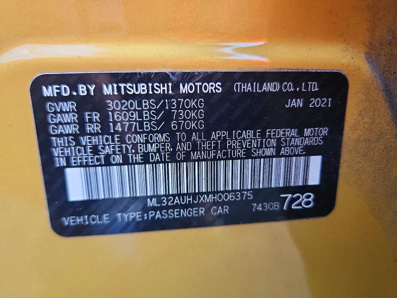 2021 Mitsubishi Mirage მანქანა იყიდება აუქციონზე, vin: ML32AUHJXMH006375, აუქციონის ნომერი: 65197456