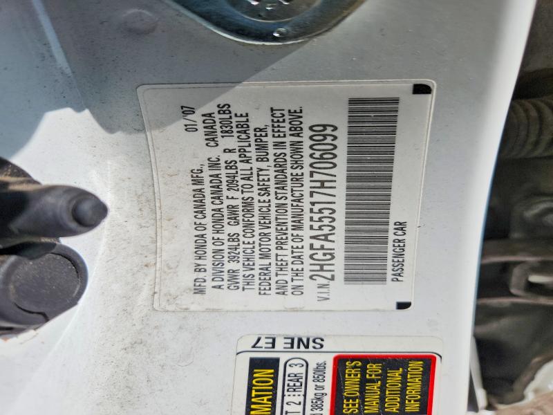 64132516 :رقم المزاد ، 2HGFA55517H706099 vin ، 2007 Honda Civic مزاد بيع