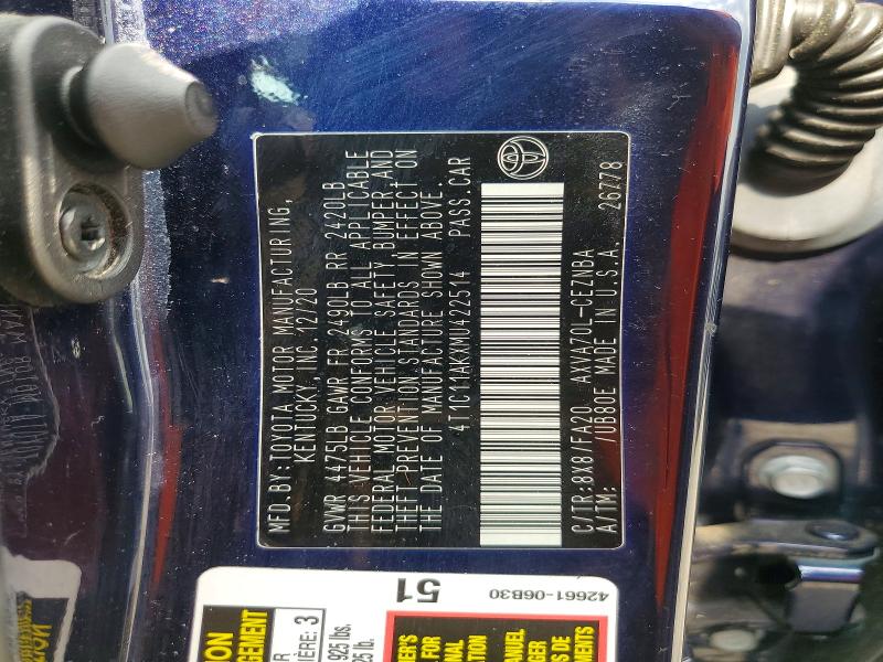 2021 Toyota Camry მანქანა იყიდება აუქციონზე, vin: 4T1C11AKXMU422514, აუქციონის ნომერი: 63951656