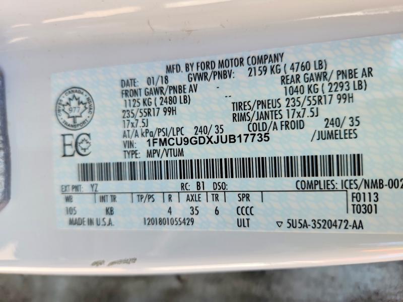 2018 Ford Escape მანქანა იყიდება აუქციონზე, vin: 1FMCU9GDXJUB17735, აუქციონის ნომერი: 63472516