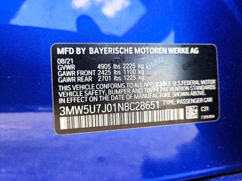 Aukcja sprzedaży 2022 Bmw M340i, vin: 3MW5U7J01N8C28651, numer aukcji: 63116606