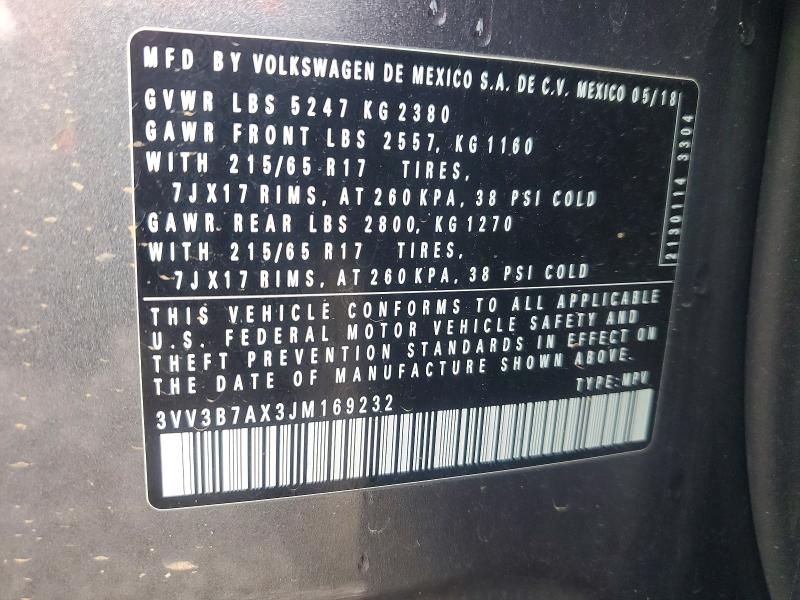 2018 Volkswagen Tiguan მანქანა იყიდება აუქციონზე, vin: 3VV3B7AX3JM169232, აუქციონის ნომერი: 65949686