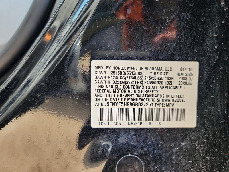 Aukcja sprzedaży 2016 Honda Pilot, vin: 5FNYF5H98GB027251, numer aukcji: 64779856