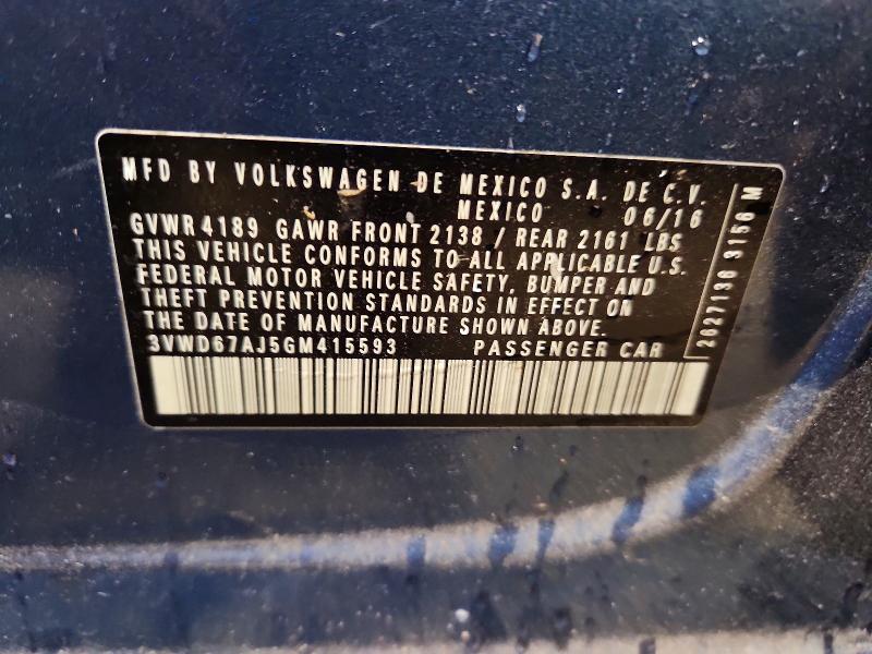 2016 Volkswagen Jetta მანქანა იყიდება აუქციონზე, vin: 3VWD67AJ5GM415593, აუქციონის ნომერი: 64900166