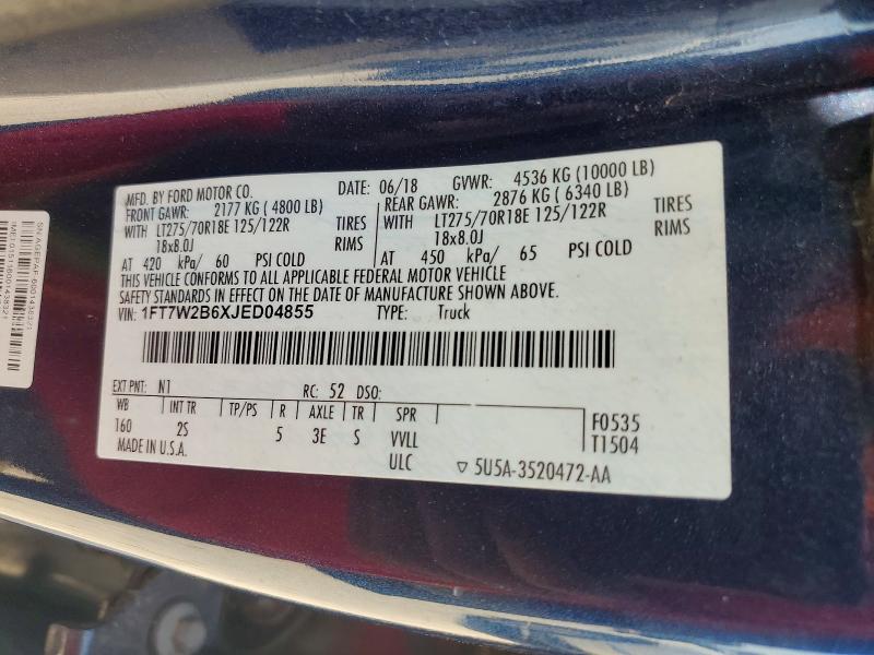 2018 Ford F250 მანქანა იყიდება აუქციონზე, vin: 1FT7W2B6XJED04855, აუქციონის ნომერი: 66018096