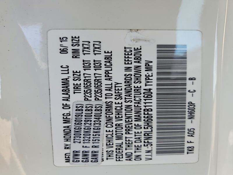 66072536 :رقم المزاد ، 5FNRL5H66FB111604 vin ، 2015 Honda Odyssey مزاد بيع