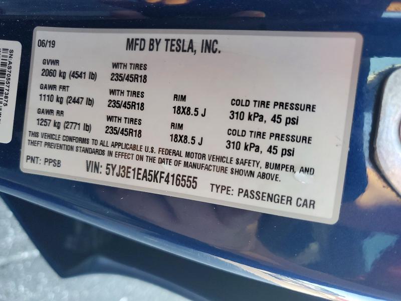 Продажа на аукционе авто 2019 Tesla Model 3, vin: 5YJ3E1EA5KF416555, номер лота: 62117496